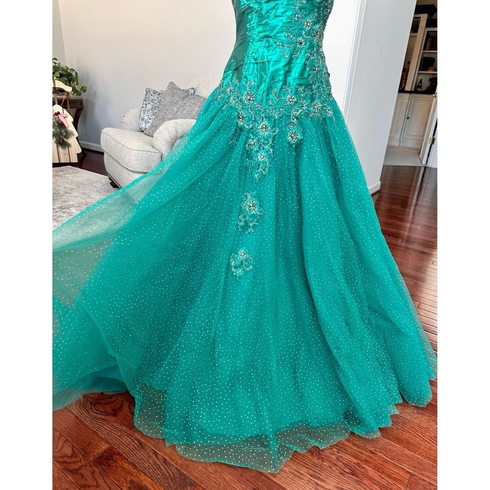 Vintage Luxury Alyce Designs Teal Green Glitter Puffy Tulle Princess Gown Dress - Picture 9 of 12